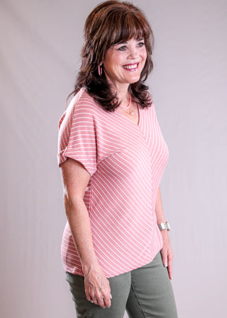 Staccato Stripe V Neck Top with Rolled Short Sleeves