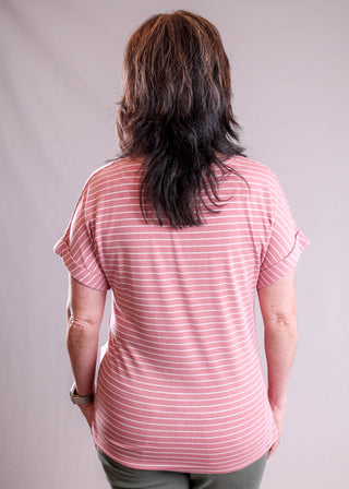 Staccato Stripe V Neck Top with Rolled Short Sleeves