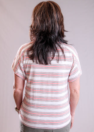 Democracy Soft Stripe Cotton Knit Top with Double Pleated side in Cream or Gray