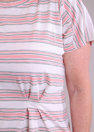 Democracy Soft Stripe Cotton Knit Top with Double Pleated side in Cream or Gray