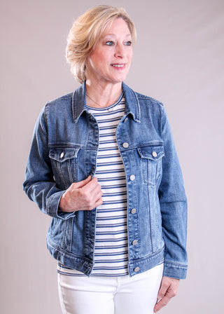 Liverpool Classic Jean Jacket with Pockets front view - Fashion Crossroads Inc