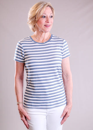 Liverpool Slim Fit Crew Neck Tee with Stripes front view - Fashion Crossroads Inc