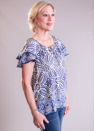 Tribal Sportswear Flutter Sleeve Blouse with Tie Neck side view - Fashion Crossroads Inc