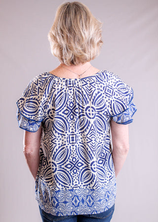 Tribal Sportswear Flutter Sleeve Blouse with Tie Neck back view - Fashion Crossroads Inc