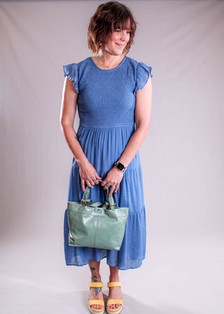 Blu Pepper Smocked Tiered Dress with Flutter Sleeves model view - Fashion Crossroads Inc