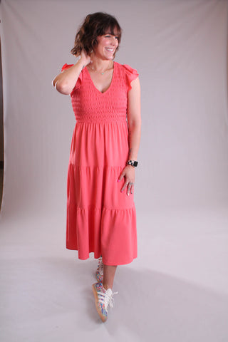 Blu Pepper Smocked Tier V Neck Dress with Flutter Sleeves front view - Fashion Crossroads Inc