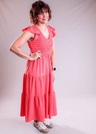 Blu Pepper Smocked Tier V Neck Dress with Flutter Sleeves side view - Fashion Crossroads Inc