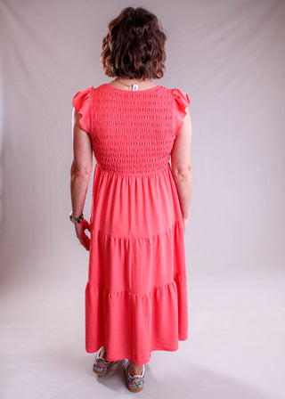 Blu Pepper Smocked Tier V Neck Dress with Flutter Sleeves back view - Fashion Crossroads Inc