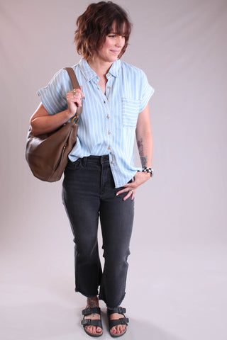 Blu Pepper Striped Chambray Shirt with Short Sleeves styled view - Fashion Crossroads Inc.
