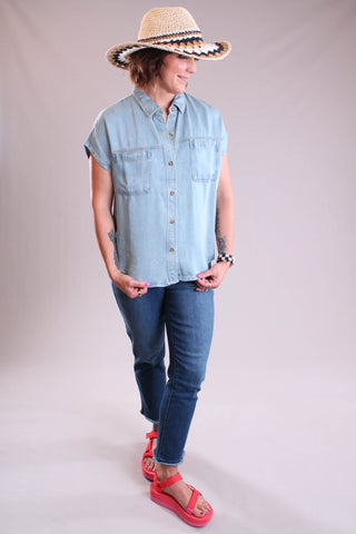 Blu Pepper Button Down Chambray Shirt with Short Sleeves modeled view - Fashion Crossroads Inc.