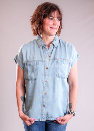 Blu Pepper Button Down Chambray Shirt with Short Sleeves front view - Fashion Crossroads Inc.