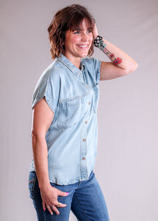 Blu Pepper Button Down Chambray Shirt with Short Sleeves side view - Fashion Crossroads Inc.