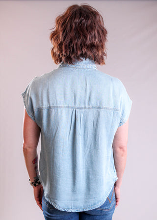 Blu Pepper Button Down Chambray Shirt with Short Sleeves back view - Fashion Crossroads Inc.