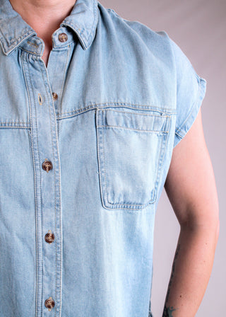 Blu Pepper Button Down Chambray Shirt with Short Sleeves shoulder view - Fashion Crossroads Inc.