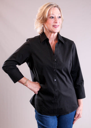 Foxcroft Mary 3/4 Sleeve Button Down Blouse front view - Fashion Crossroads Inc