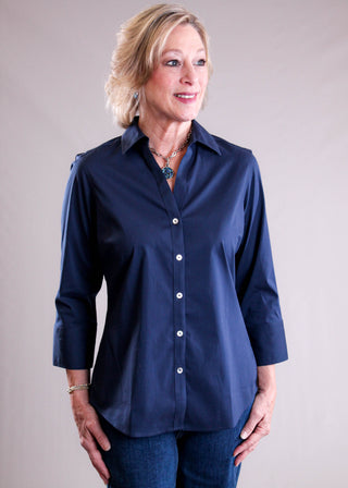Foxcroft Mary 3/4 Sleeve Button Down Blouse front view - Fashion Crossroads Inc