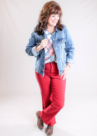 Charlie B Long Sleeve V Neck Printed Knit Top modeled view - Fashion Crossroads Inc.