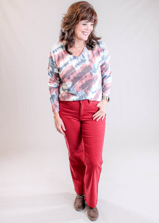 Charlie B Long Sleeve V Neck Printed Knit Top styled view - Fashion Crossroads Inc.