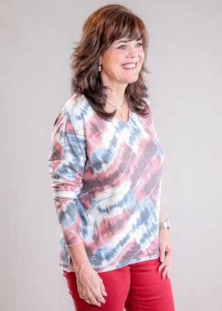 Charlie B Long Sleeve V Neck Printed Knit Top side view - Fashion Crossroads Inc.