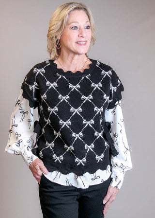 Blu Pepper Short Sleeve Sweater with Bows Front View - Fashion Crossroads Inc