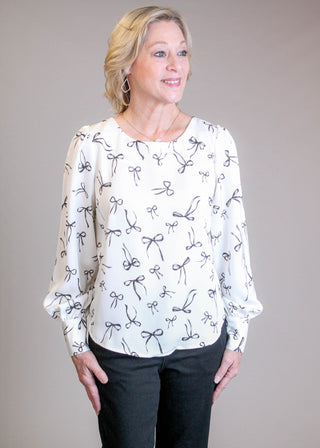 Blu Pepper Long Sleeve Blouse with Bow Print Front View - Fashion Crossroads Inc
