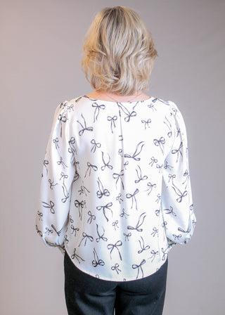 Blu Pepper Long Sleeve Blouse with Bow Print Back View - Fashion Crossroads Inc