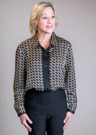 Liverpool Long Sleeve Abstract Print Button Up Shirt Front View - Fashion Crossroads Inc