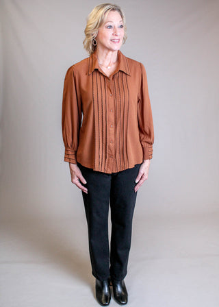Democracy 3/4 Sleeve Button Down Shirt with Scallop Edging Model View - Fashion Crossroads Inc