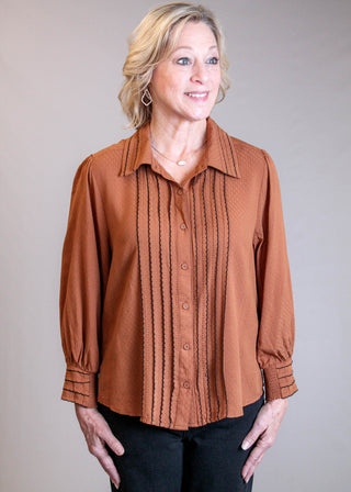 Democracy 3/4 Sleeve Button Down Shirt with Scallop Edging Front View - Fashion Crossroads Inc