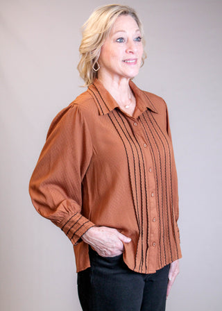 Democracy 3/4 Sleeve Button Down Shirt with Scallop Edging Side View - Fashion Crossroads Inc