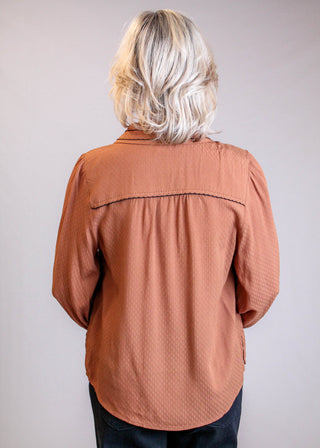 Democracy 3/4 Sleeve Button Down Shirt with Scallop Edging Back View - Fashion Crossroads Inc