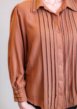 Democracy 3/4 Sleeve Button Down Shirt with Scallop Edging Detail View - Fashion Crossroads Inc