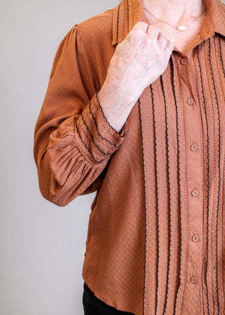 Democracy 3/4 Sleeve Button Down Shirt with Scallop Edging Detail View - Fashion Crossroads Inc