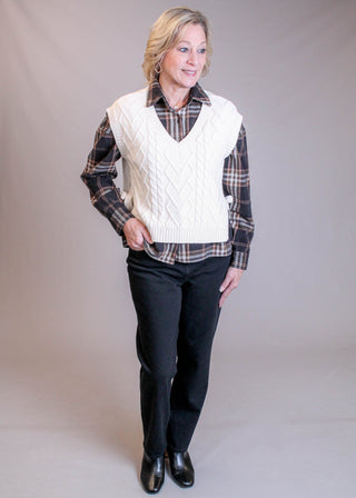 Blu Pepper Cable Sweater Vest with Tie Sides Model View - Fashion Crossroads Inc