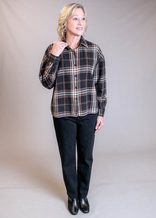 Blu Pepper Long Sleeve Plaid Boxy Shirt Model View - Fashion Crossroads Inc