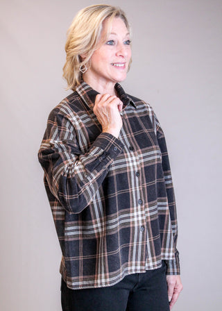 Blu Pepper Long Sleeve Plaid Boxy Shirt Side View - Fashion Crossroads Inc