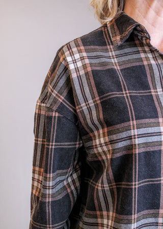 Blu Pepper Long Sleeve Plaid Boxy Shirt Detail View - Fashion Crossroads Inc