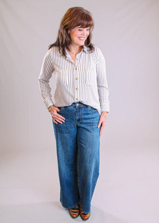 Tribal Sportswear Petite Sophia Curvy Wide Leg Jean modeled view - Fashion Crossroads Inc.