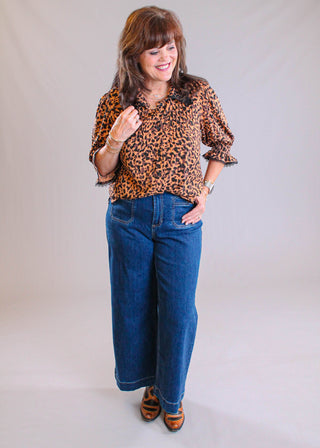 Charlie B Patch Pocket Cropped Flare Jean styled view - Fashion Crossroads Inc.
