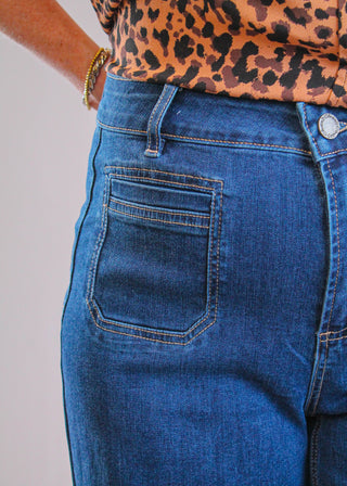 Charlie B Patch Pocket Cropped Flare Jean detail view - Fashion Crossroads Inc.