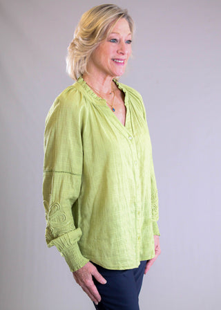Tribal Sportswear Notch Neck Blouse with Jaquard Applique Sleeve side view - Fashion Crossroads