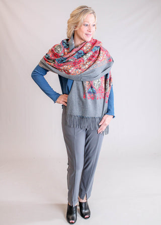 Embroidered Floral Fashion Scarf with Fringe