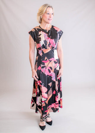Maggy London Short Sleeve Abstract Floral Dress - Model View - Fashion Crossroads Inc