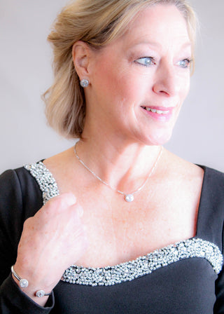 Maggie London Long Sleeve Dress with Pearl and Rhinestone Neck - Detail View -Fashion Crossroads Inc