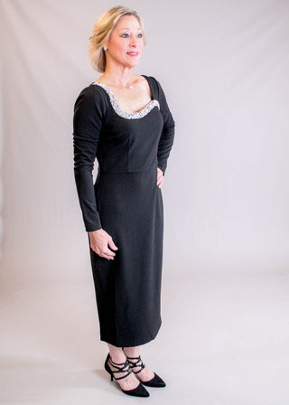 Maggie London Long Sleeve Dress with Pearl and Rhinestone Neck - Side View -Fashion Crossroads Inc