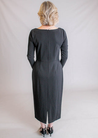 Maggie London Long Sleeve Dress with Pearl and Rhinestone Neck - Back View -Fashion Crossroads Inc