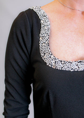 Maggie London Long Sleeve Dress with Pearl and Rhinestone Neck - Detail View -Fashion Crossroads Inc