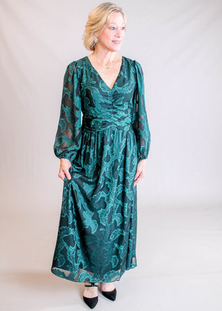 Maggy London V Neck Dress with 3/4 Puff Sleeves and Ruche Waist Model View - Fashion Crossroads Inc