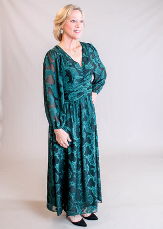 Maggy London V Neck Dress with 3/4 Puff Sleeves and Ruche Waist Model View - Fashion Crossroads Inc