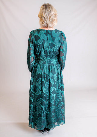 Maggy London V Neck Dress with 3/4 Puff Sleeves and Ruche Waist Back View - Fashion Crossroads Inc